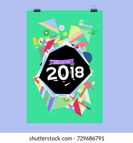 Happy New Year 2018 colorful abstract design, vector elements for calendar and greeting card.