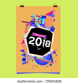 Happy New Year 2018 colorful abstract design, vector elements for calendar and greeting card.