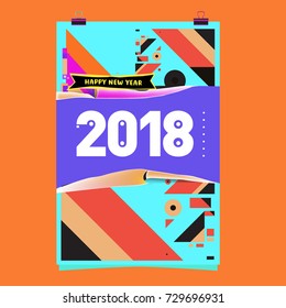 Happy New Year 2018 colorful abstract design, vector elements for calendar and greeting card.