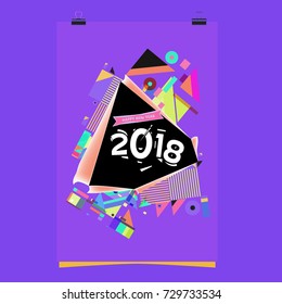 Happy New Year 2018 colorful abstract design, vector elements for calendar and greeting card.