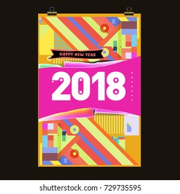Happy New Year 2018 colorful abstract design, vector elements for calendar and greeting card.