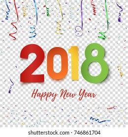 Happy New Year 2018. Colorful abstract design with ribbons and confetti. Greeting card, brochure or poster template. Vector illustration.