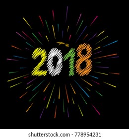 Happy New Year 2018. Colorful abstract festive firework shape. Burst light rays. Exploding graphic element. Embroidery numbers. Isolated on black background. Vector illustration