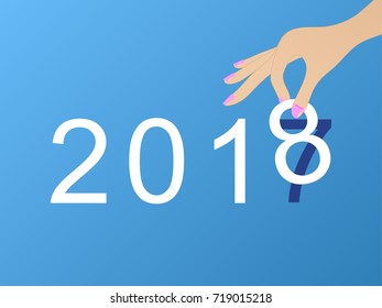 Happy new year 2018 concept. Woman hand holding number 2018 on blue background. EPS10 vector illustration for card, template, banner, web, app, poster. 