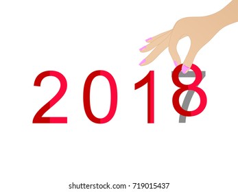 Happy new year 2018 concept. Woman hand holding red number 2018 on white background. EPS10 vector illustration for template, banner, web, app, poster, greeting invitation card. 