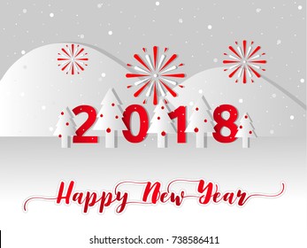 Happy new year 2018 concept, Vector illustration paper cut design,. Winter season of pine forest and mountain with snow covered and celebration fireworks in new year holiday.