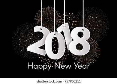 Happy New Year 2018 concept with paper cuted white numbers on ropes with fireworks. Vector illustration