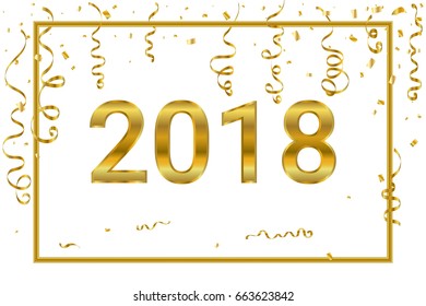 Happy New Year 2018 With Confetti And Ribbon Isolated On White Background. Vector Illustration