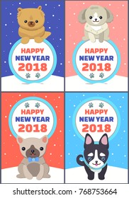 Happy New Year 2018 congrats set of colorful posters on snowy background. Vector illustration with congratulations from happy smiling dogs in collars