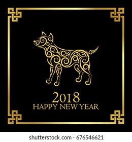 Happy new year 2018 congratulation for cover, card. Black and gold glitter design with openwork dog, chinese style frame and inscription. Vector illustration. 