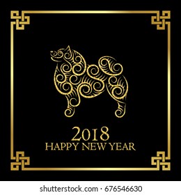 Happy new year 2018 congratulation for cover, card. Black and gold glitter design with openwork dog, chinese style frame and inscription. Vector illustration. 