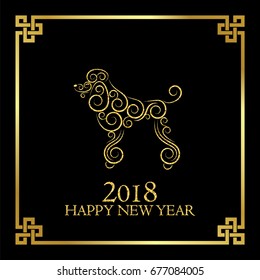 Happy new year 2018 congratulation for cover, card. Black and gold glitter design with openwork dog, chinese style frame and inscription. Vector illustration. 