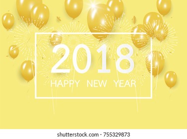 Happy new year 2018 with creative yellow balloon and firework concept on pastel pink background for copy space. minimal concept. Vector Illustration