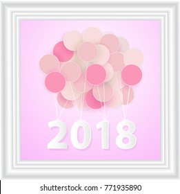 Happy new year 2018 with creative pink balloon concept on pastel pink background for copy space. minimal concept. Vector Illustration.paper art style.