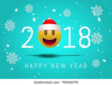 Happy New year 2018 with cute smiling emoji face with a Santa Claus hat. 3d Smiley Emoticon modern design for social network, Color concept for conversations, online chats, web sites . Vector 