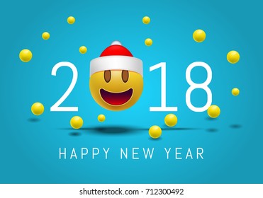 Happy New year 2018 with cute smiling emoji face with a Santa Claus hat. 3d Smiley Emoticon modern design for social network, Color concept for conversations, online chats, web sites . Vector 