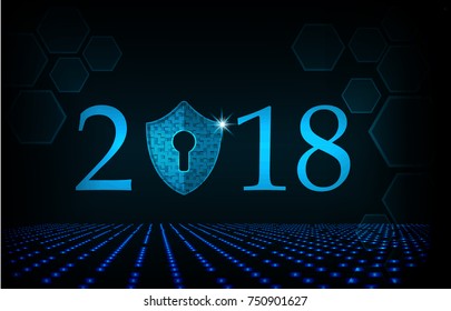  Happy New Year 2018 .Cyber security concept: Shield With Keyhole icon on digital data background. Ransomware alert, technology ,cyber secueity,cybercrime.