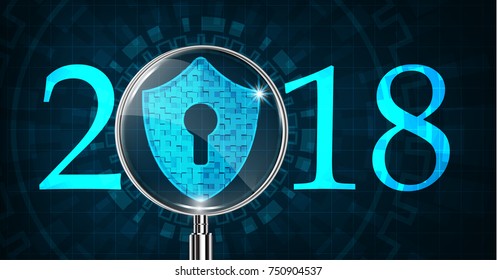  Happy New Year 2018 .Cyber security concept: Shield With Keyhole icon on digital data background. Ransomware alert, technology ,cyber secueity,cybercrime.