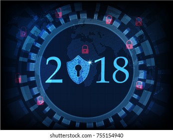  Happy New Year 2018 .Cyber security concept: Shield With Keyhole icon on digital data background. Ransomware alert, technology ,cyber secueity,cybercrime.