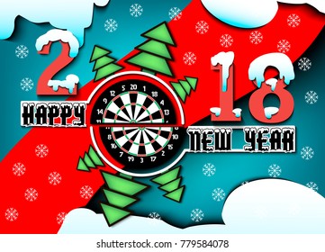 Happy new year 2018 and darts board with Christmas trees. Vector illustration