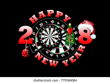 happy new year 2018 and darts board with Christmas tree and hat. Vector illustration