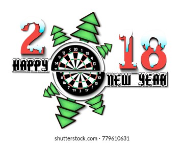 Happy new year 2018 and darts board with Christmas trees. Vector illustration