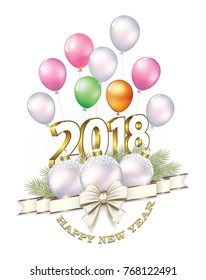  Happy New Year 2018. Date 2018 with balls and ribbon with a bow on the background of balloons. Vector illustration