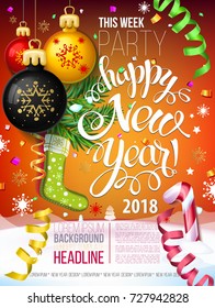 Happy New year 2018 decoration poster card and merry Christmas background  with garlands, tree branches, snowflakes serpentine and confetti.