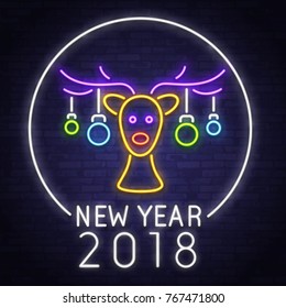 Happy New year 2018. Deer neon sign. Neon sign. Night party. Logo. Banner. merry Christmas. Cute reindeer with Christmas balls. Christmas tree toy.