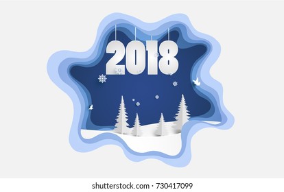 happy new year 2018 with the design of paper art and craft. beautiful winter