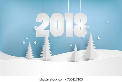 Happy New Year 2018 With The Design Of Paper Art And Craft. Beautiful Winter