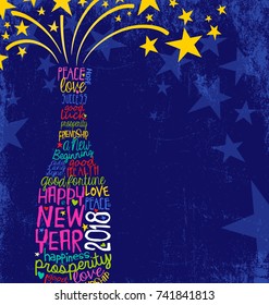 Happy New Year 2018 design. Abstract champagne bottle with inspiring handwritten words, bursting stars. Blue background with space for text.