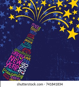 Happy New Year 2018 Design. Abstract Champagne Bottle With Inspiring Handwritten Words, Bursting Stars. Blue Background With Space For Text.