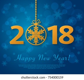 Happy New Year 2018 design with golden christmas ball with snowflake. Vector blue greeting illustration