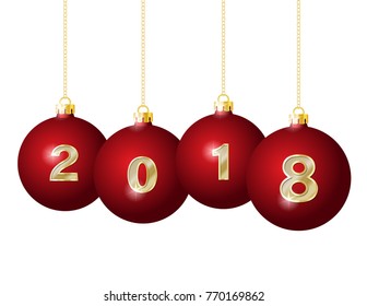 Happy New Year 2018 design. Vector greeting illustration with golden numbers on Red Christmas Balls Hanging on Golden Chains.