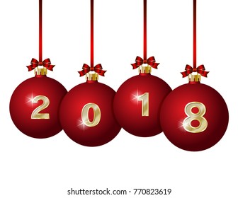 Happy New Year 2018 design. Vector greeting illustration with golden numbers on Red Christmas Balls Hanging on red ribbons with bows