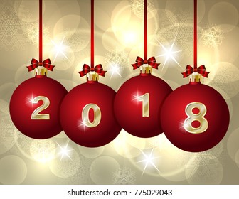 Happy New Year 2018 design. Vector greeting illustration with golden numbers on Red Christmas Balls Hanging on red ribbons with bows