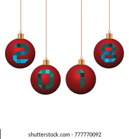 Happy New Year 2018 design with Red Christmas ball. Vector  illustration
