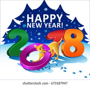 Happy New Year 2018. Year of the dog. Yellow cartoon dog jumps through bright colorful 3d numeral. Vector illustration.