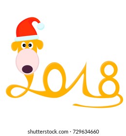 Happy new year 2018 of the Dog. Vector illustration of a cute doggy in a Santa hat