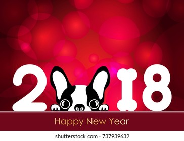 Happy  new year 2018. Year of the dog. Red vector illustration.