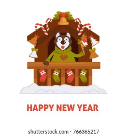 Happy New Year 2018 dog cartoon in Santa house vector greeting card icon