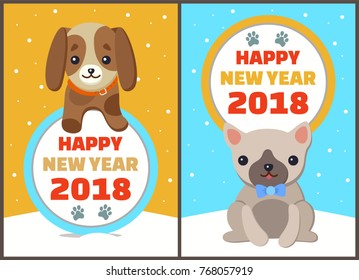 Happy New Year 2018 dogs set, posters with symbols of approaching period of time, circle and colorful lettering, isolated on vector illustration