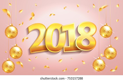 Happy New Year 2018 elegant pink background template with gold christmas balls and confetti with a sparkle, text and shining lights. Rich, VIP, luxury Gold and pink colors. Vector illustration. EPS