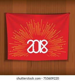 Happy New Year 2018 elegant design on Realistic Red Curtain with starburst. Vector greeting card design.