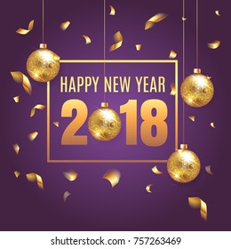 Happy New Year 2018 Elegant Purple Background Template With Gold Christmas Balls And  Confetti With A Sparkle,  Text And Shining Lights. Rich, VIP, Luxury Gold And Purple Colors. Vector Illustration.