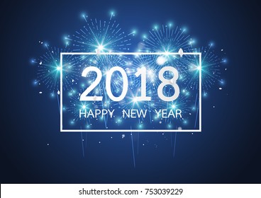 Happy new year 2018 with Firework on dark background for celebration, party, and new year event. Vector illustration