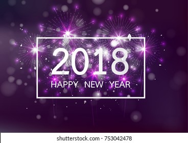 Happy new year 2018 with Firework on dark background for celebration, party, and new year event. Vector illustration