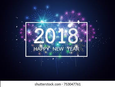 Happy new year 2018 with Firework on dark background for celebration, party, and new year event. Vector illustration