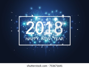 Happy new year 2018 with Firework on dark background for celebration, party, and new year event. Vector illustration